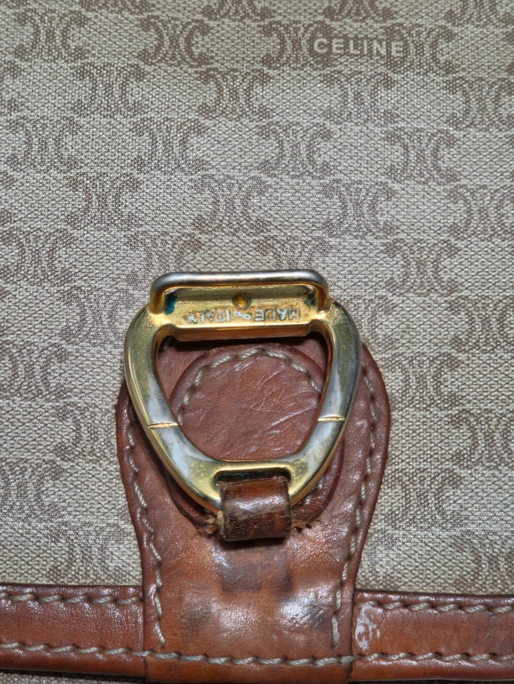 CELINE Macadam Brown Leather Trim Crossbody Shoulder Purse Bag PVC Canvas Beige - Picture 4 of 16